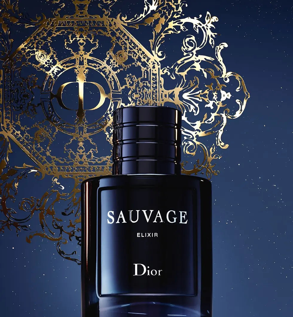 Dior Sauvage Elixir perfume bottle with intricate gold design on a blue background
The Style Hub