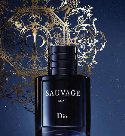 Dior Sauvage Elixir perfume bottle with intricate gold design on a blue background
The Style Hub