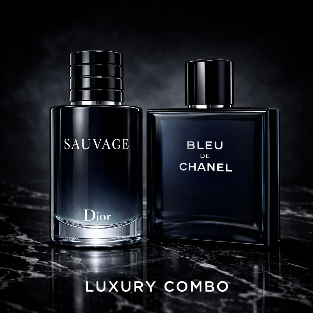 Two perfume bottles, 'Sauvage' by Dior and 'Bleu de Chanel', on a dark marble surface with a black background.
The Style Hub