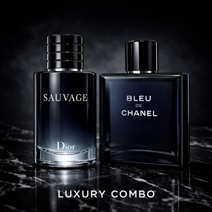 Two perfume bottles, 'Sauvage' by Dior and 'Bleu de Chanel', on a dark marble surface with a black background.
The Style Hub