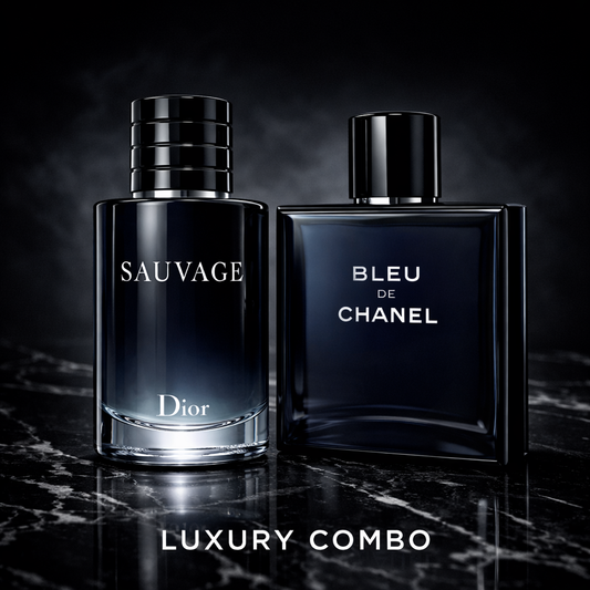 Two perfume bottles, 'Sauvage' by Dior and 'Bleu de Chanel', on a dark marble surface with a black background.
The Style Hub